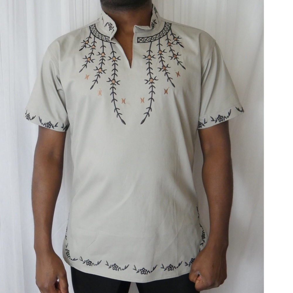 Men's African Embroidered Dashiki Shirt - Gray